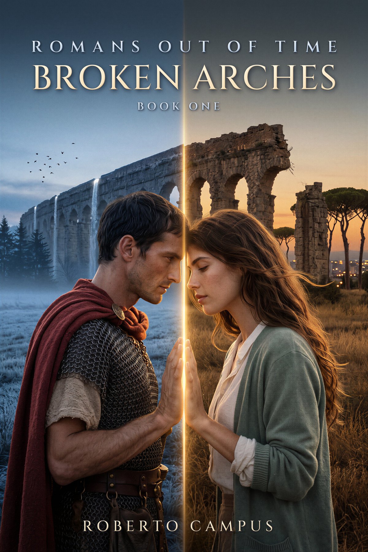 Broken Arches, Book One of Romans Out of Time, by Roberto Campus. A Roman soldier and a young woman stand forehead to forehead, palms together, on either side of a line of light. Behind him an aqueduct stands whole in a cold dawn; behind her it is a ruin at dusk.
