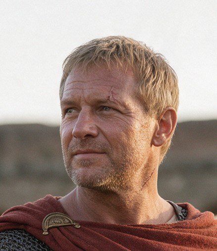 Flavius, blond and weathered, looking off to one side
