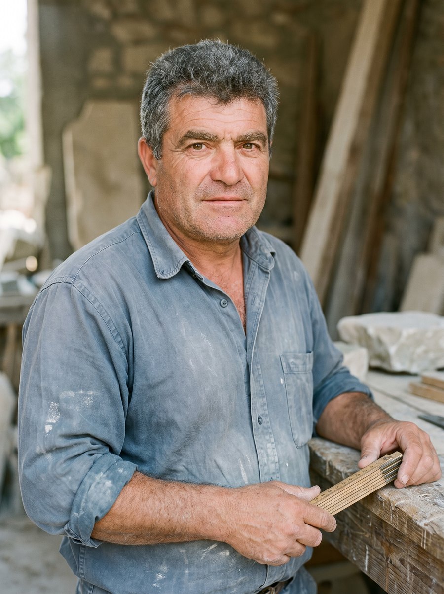 Luca Proietti at his workbench in a dusty blue work shirt, a folding ruler in his hands
