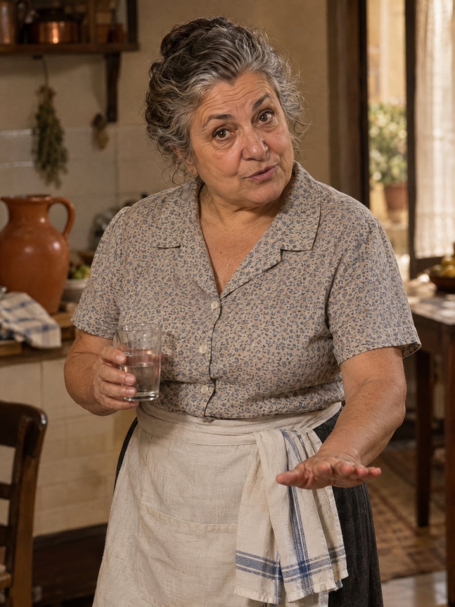 Maria Corvini in her kitchen, a glass in one hand and the other held out mid-argument