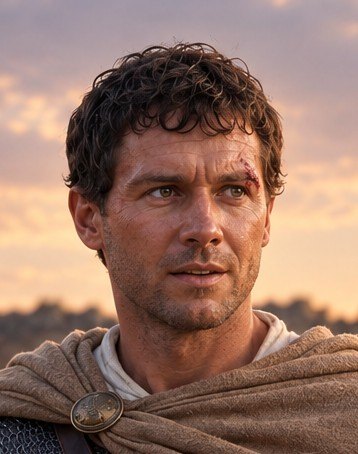 Quintus Fabricius, dark-haired and broad-faced, against an evening sky